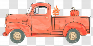 Vintage Truck - Illustrated Orange Pickup Truck With Pumpkin Decoration Transparent PNG