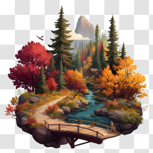 Autumn Riverfront - Scenic Autumn Landscape With Bridge Transparent PNG