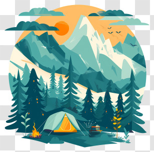 Summer Camping - Scenic Mountain Camping Illustration With Tent And Campfire Transparent PNG