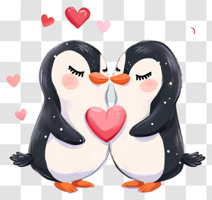 Flat Valentine Penguin - Adorable Penguins Holding A Heart Transparent PNG