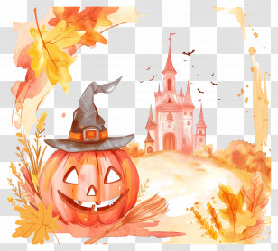 Halloween Frame - Halloween Pumpkin With Witch Hat And Castle Transparent PNG