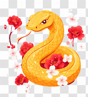 Snake Year - Golden Snake With Red Flowers Transparent PNG