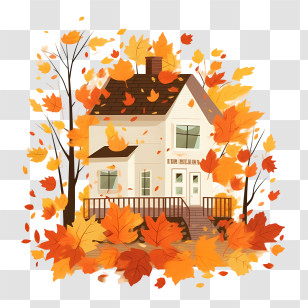 Autumn House - Cozy Cartoon House Surrounded By Autumn Leaves Transparent PNG