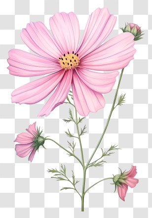 Pastel Cosmos Flower - Pink Cosmos Flower Botanical Illustration Transparent PNG