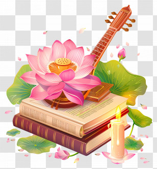 Saraswathi Puja - Lotus And Books With A Guitar-Like Musical Instrument Transparent PNG