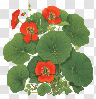Nasturtium - Red Flowers With Green Leaves Transparent PNG
