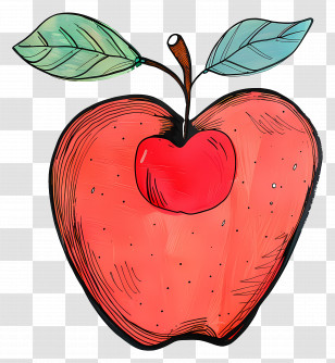 Cartoon Apple - Artistic Red Apple Sketch With Leaves Transparent PNG