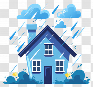 House Struck By Lightning - Blue House In A Rainy Scene Illustration Transparent PNG