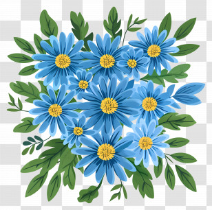 Daisy Flowers - Blue Daisies With Green Leaves Illustration Transparent PNG