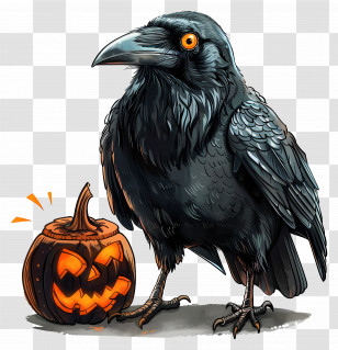 Crow - Black Raven With Halloween Pumpkin Transparent PNG