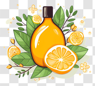 Lemon Oil - Orange Bottle With Citrus And Leaves Transparent PNG