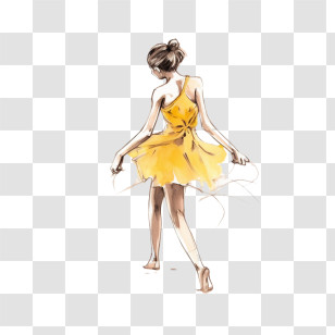Dancing Girl - Elegant Yellow Dress Watercolor Illustration Transparent PNG