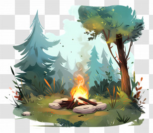 Summer Campfire - Campfire In The Forest Cartoon Scene Transparent PNG