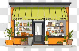 Soap Store - Illustrated Cozy Storefront With Green Awning And Plants Transparent PNG