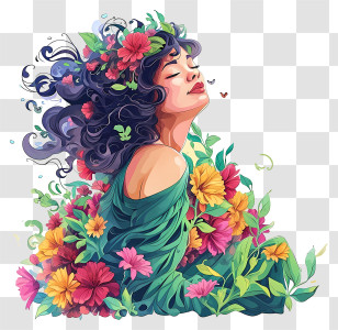 Cute And Colorful - Woman Surrounded By Colorful Flowers Transparent PNG