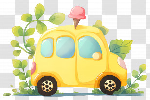 Cute Cartoon Car - Yellow Car With Ice Cream Decor And Leafy Background Transparent PNG