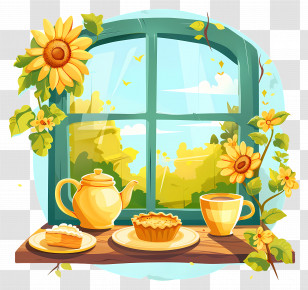 Cartoon Window - Sunflower Tea Time By The Window Transparent PNG