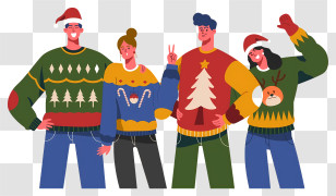 Ugly Sweaters - Group Of People Wearing Christmas Sweaters And Hats Transparent PNG