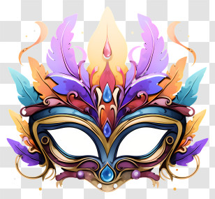 Watercolor Masquerade Mask - Colorful Carnival Mask With Feather Decorations Transparent PNG