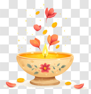 Diya With Flower Petals - Decorative Diya Bowl Illustration Transparent PNG