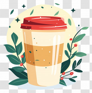 Cup Of Coffee - Illustrated Coffee Cup With Decorative Greenery Transparent PNG
