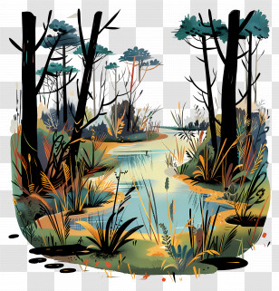 Nature Background - Colorful Forest Illustration With Stream Transparent PNG