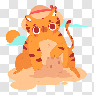 Cartoon Cat - Cute Cat Building Sandcastle At The Beach Transparent PNG