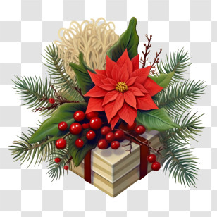 Christmas Gift - Christmas Gift With Poinsettia And Berries Transparent PNG