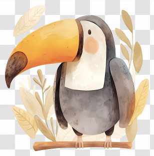 Watercolor Toucan - Cartoon Toucan With Big Beak And Leaves Transparent PNG