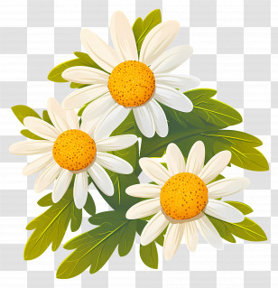 Chamomile Flower - Beautiful Daisies With Green Leaves Transparent PNG