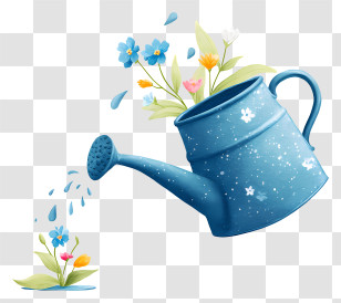 Watering Can Pouring Water - Blue Watering Can With Flowers Transparent PNG
