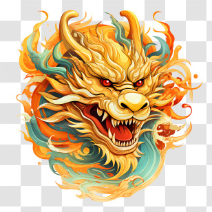 Chinese Dragon New Year - Fiery Golden Dragon Head Artwork Transparent PNG