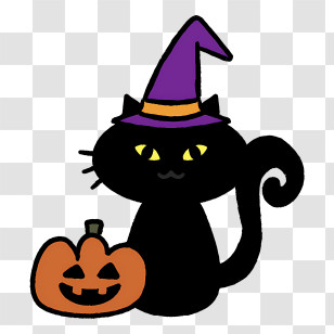 Cartoon - Black Cat With Witch Hat And Pumpkin Transparent PNG