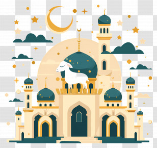 Eid Al Adha - Eid Al-Adha Mosque Illustration With Goat And Crescent Moon Transparent PNG