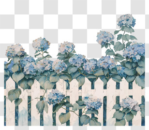 Garden Fence - Blue Hydrangeas On White Fence Transparent PNG