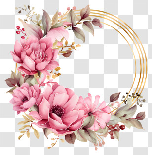 Floral Wreath - Pink Floral Wreath With Golden Frame Transparent PNG