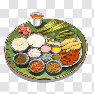 Onam Sadya Food - Traditional Food Platter With Ingredients Transparent PNG