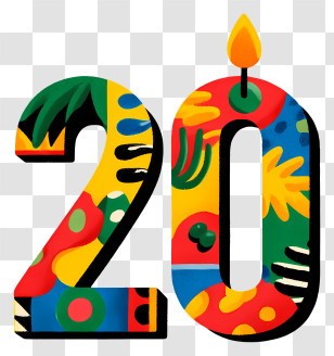 Number 20 Birthday Candle - Colorful Number 20 With Candle Transparent PNG