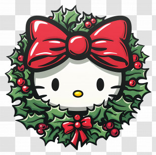 Hello Kitty Christmas - Festive Cartoon Cat With Holly Wreath Transparent PNG