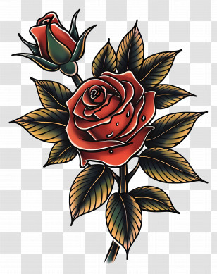 Rose Tattoo - Red Rose With Green Leaves And Dew Transparent PNG