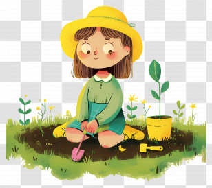 Little Girl Planting Flowers - Girl Gardening With Plants Transparent PNG
