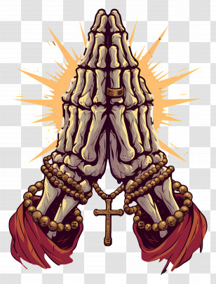 Skeletal Hands - Skeleton Hands In Prayer With Rosary Transparent PNG