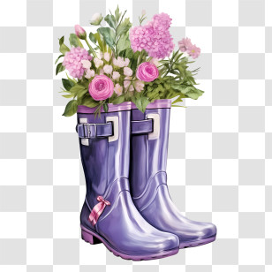 Rubber Boots - Purple Boots Decorated With Flowers Transparent PNG