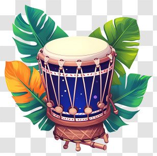 Drum - Drum Surrounded By Tropical Leaves Transparent PNG