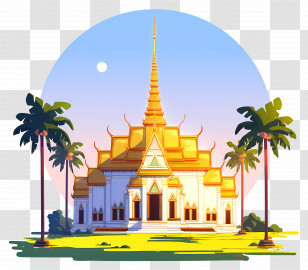 Thai Temple - Temple Illustration With Palm Trees Transparent PNG