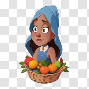 Cartoon - Girl With Basket Of Fruits Transparent PNG