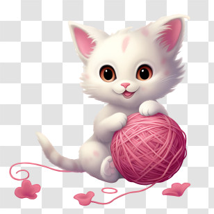 Cat Playing Yarn Ball - Cute White Kitten With Yarn Ball Illustration Transparent PNG