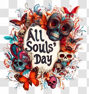 All Souls Day - Vibrant Skulls With Butterflies And Flowers Transparent PNG