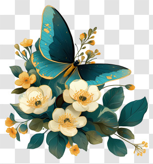 Spring Corner - Teal Butterfly On Cream Floral Bouquet Transparent PNG