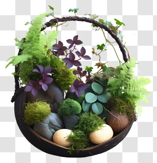 Hanging Basket With Trailing Vines - Lush Green And Purple Plant Basket Transparent PNG